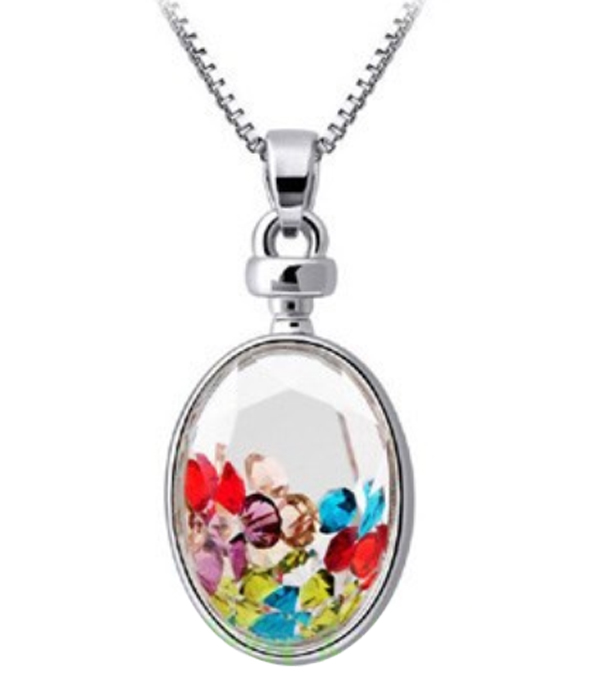 Vintage perfume bottle glass and floating crystal pendant necklace - oval