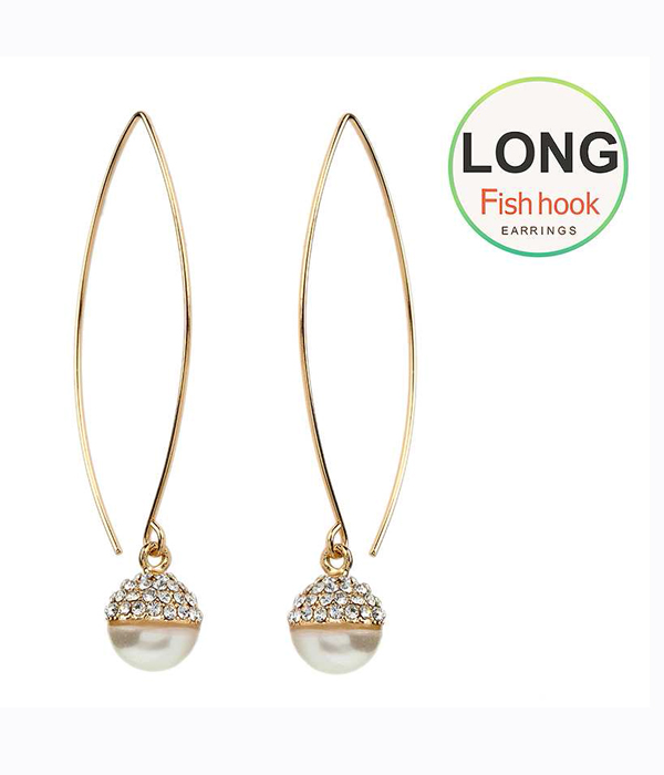 Pearl and crystal long fish hook earring