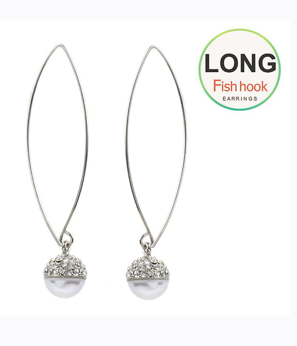 Pearl and crystal long fish hook earring