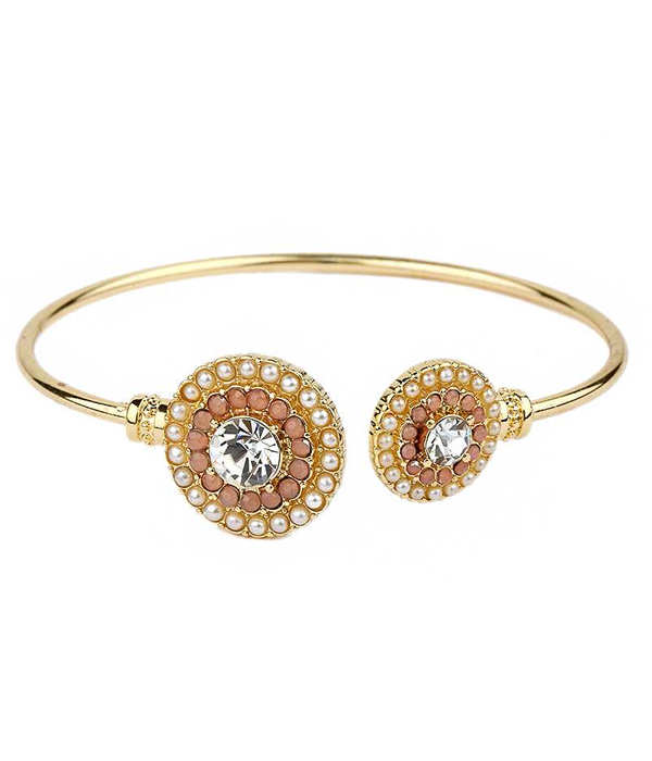 Crystal and pearl disk wire bangle bracelet