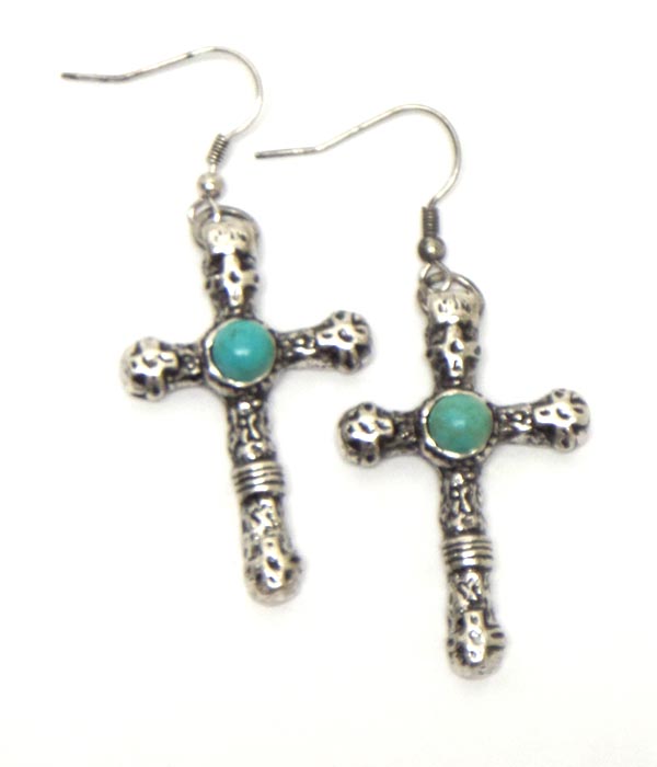 Cross metal textured turquoise hook earrings 