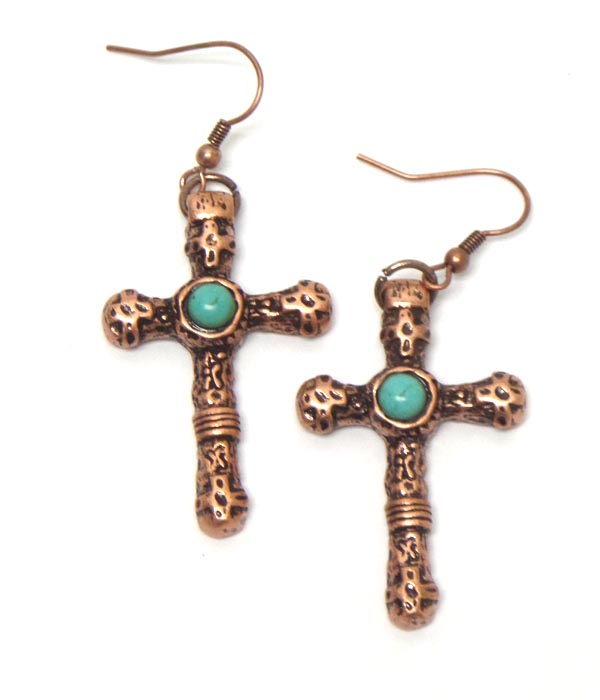 Cross metal textured turquoise hook earrings