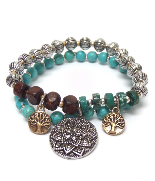 Set of 2 multi genuine stones charm bracelet 