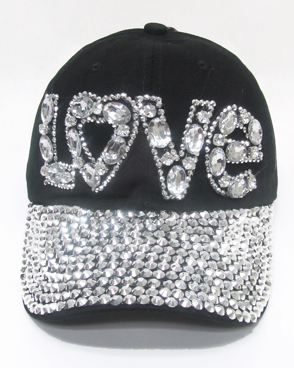 Rhinestone black denim baseball cap - love