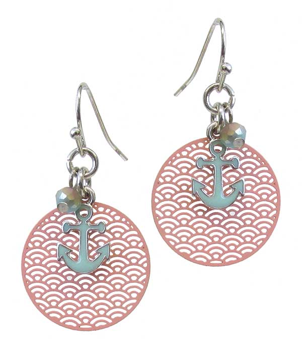 Sealife theme charm metal filigree earring - anchor