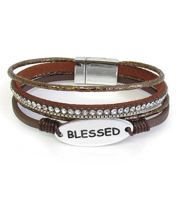 Religious inspiration multi leatherette magnetic bracelet - blessed