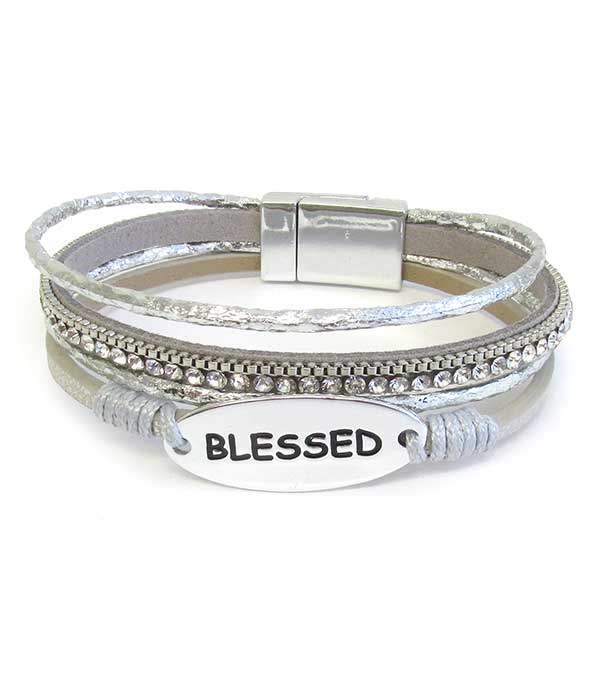 Religious inspiration multi leatherette magnetic bracelet - blessed