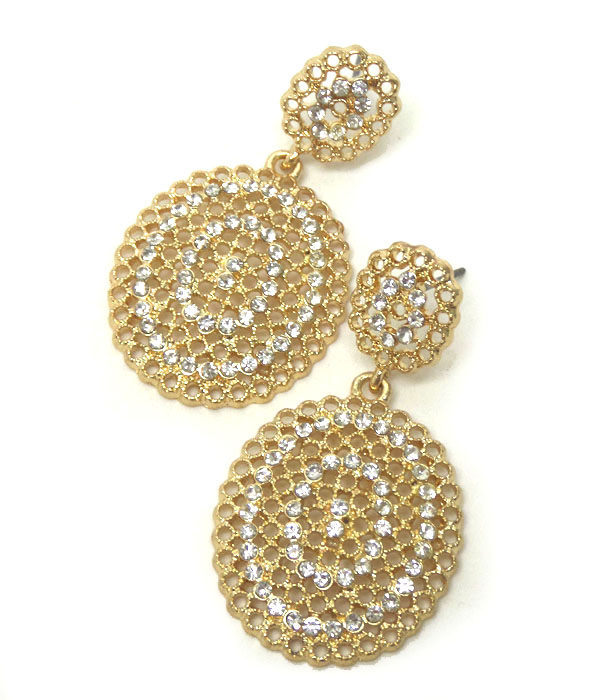 Premier electro plating crystal and metal filigree disk drop earring