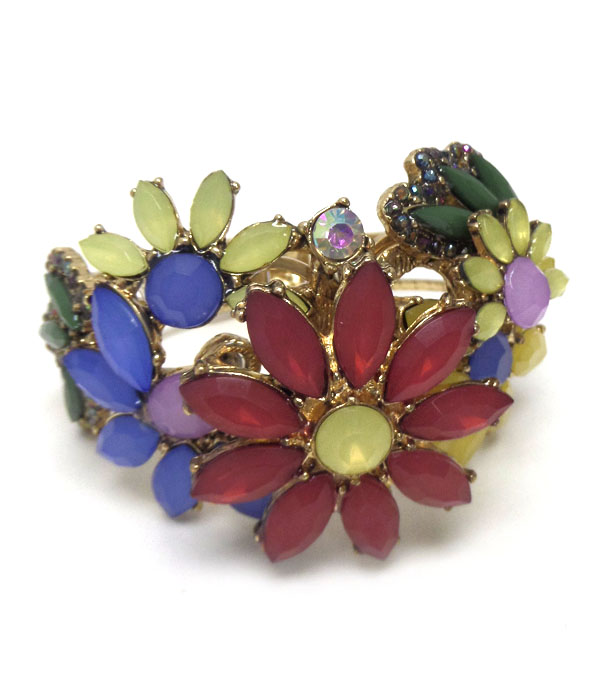 Multi crystal flower deco open bangle bracelet 