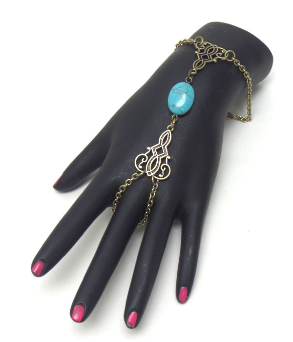 Chain turquoise stone link bracelet and ring set