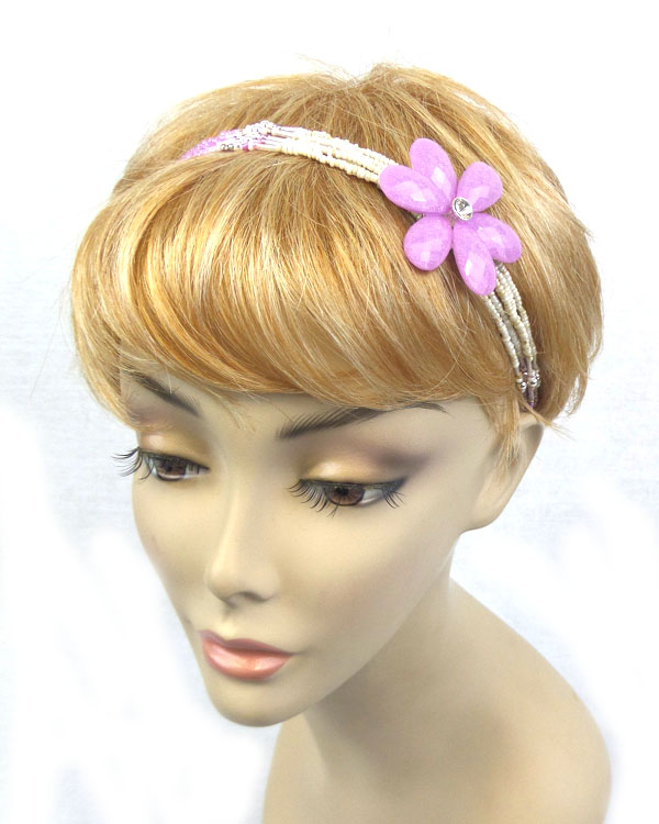 Five layer seed beade w/ color flower stretch head band