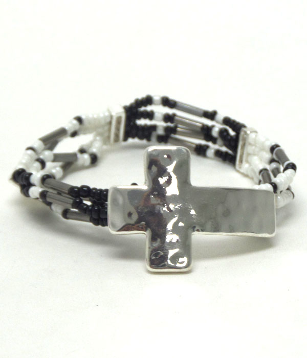 Multi row seed beaded stretch w/cross bracelet