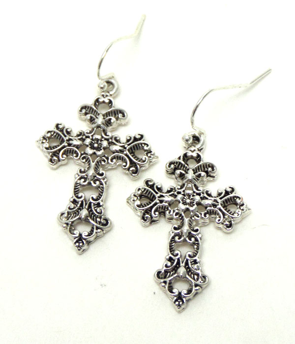 Filigree cut cross theme cross hook earrings