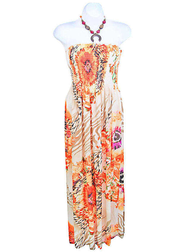 Floral pattern print elastic long smocking dress 92 %polyester 8 % spandex 