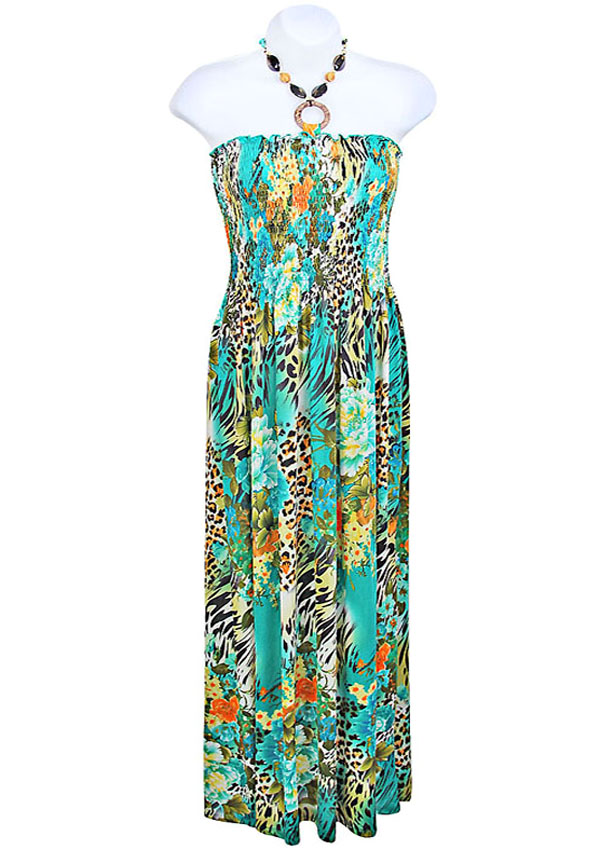 Floral pattern print elastic long smocking dress 92 %polyester 8 % spandex 