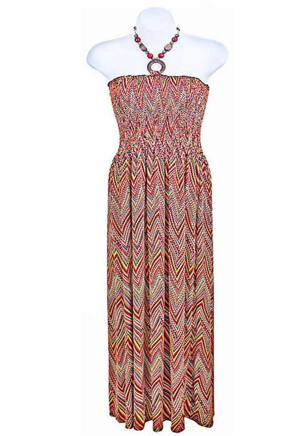Zig zag pattern  print elastic long smocking dress 92 %polyester 8 % spandex 
