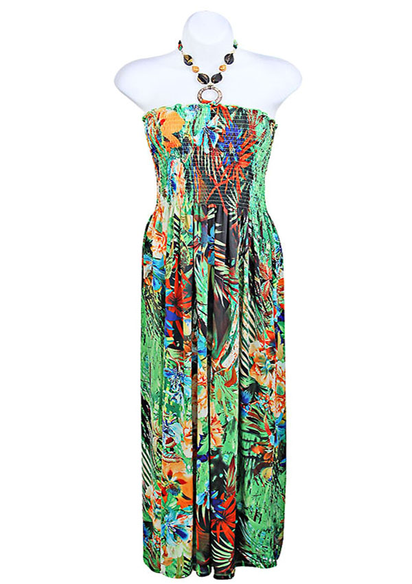 Floral pattern print elastic long smocking dress 92 %polyester 8 % spandex 