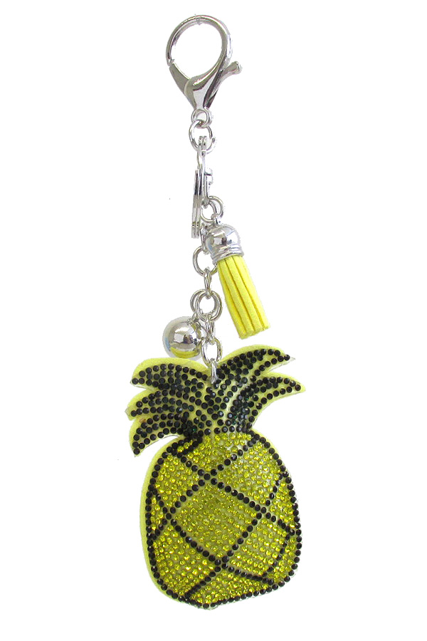 MULTI CRYSTAL LARGE PUFFY CUSHION KEY CHAIN - PINEAPPLE