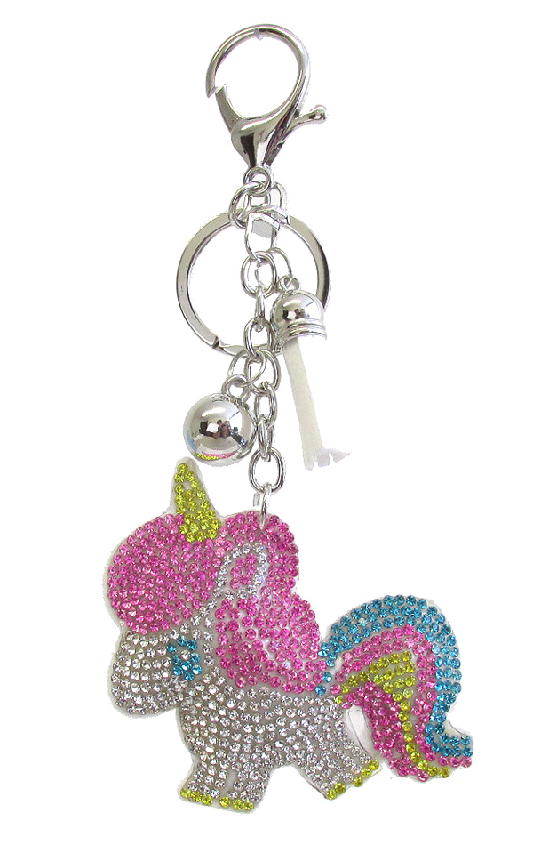 MULTI CRYSTAL LARGE PUFFY CUSHION KEY CHAIN - UNICORN