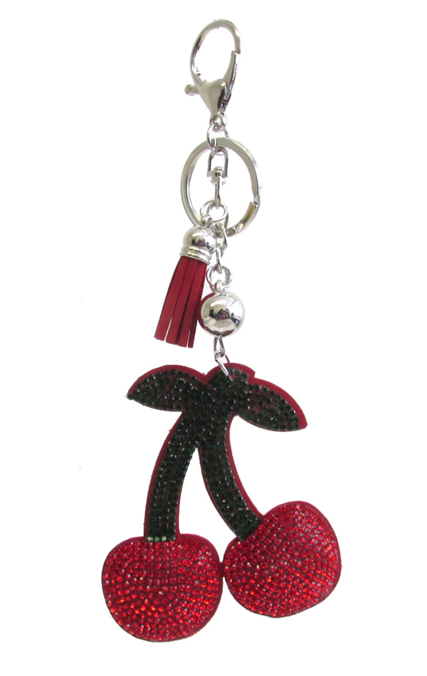 Multi crystal large puffy cushion key chain - cherry
