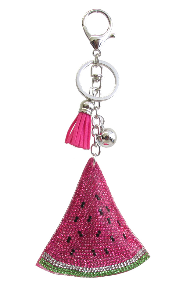 MULTI CRYSTAL LARGE PUFFY CUSHION KEY CHAIN - WATERMELON