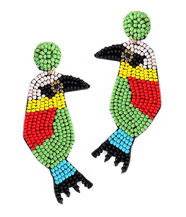 HANDMADE MULTI SEEDBEAD TROPICAL BIRD EARRING