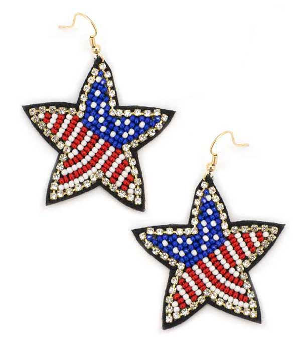 HANDMADE MULTI SEEDBEAD PATRIOTIC THEME STAR EARRING - AMERICAN FLAG