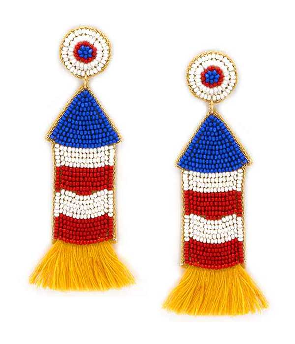 HANDMADE MULTI SEEDBEAD PATRIOTIC THEME ROCKET EARRING - AMERICAN FLAG