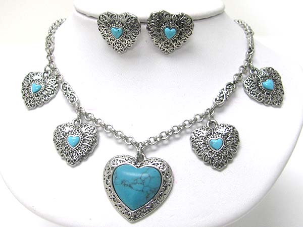 Turquoise stone metal filigree multi hearts dangle necklace earring set