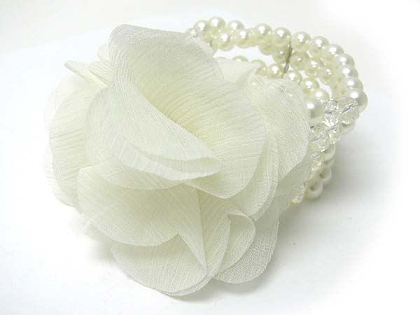 FABRIC FLOWER TOP MULTI ROW PEARL BEADS STRETHC BRACELET