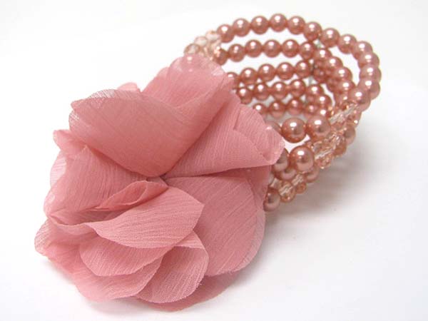 FABRIC FLOWER TOP MULTI ROW PEARL BEADS STRETHC BRACELET