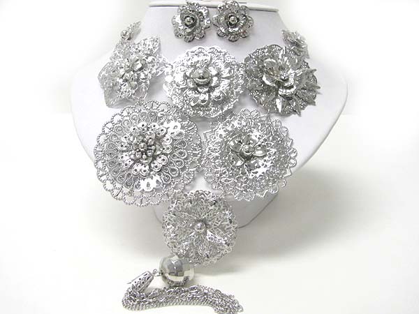 Glamorous look metal filigree flower and tassel drop necklace earring set