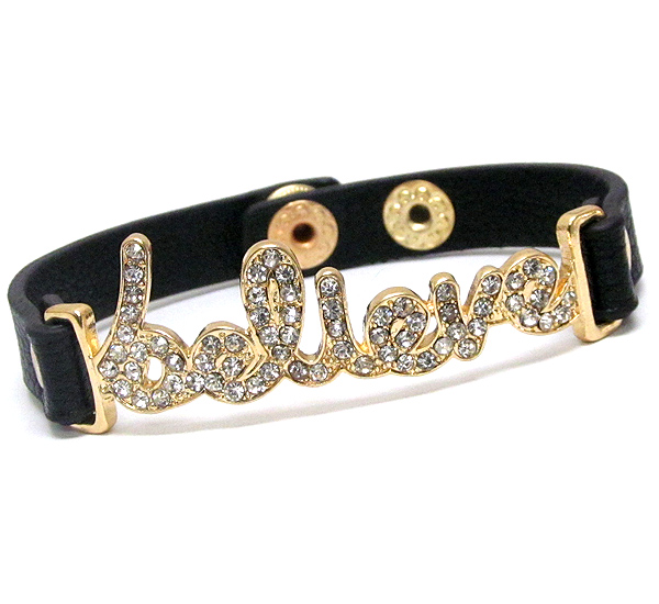 Crystal deco believe letter and leatherette band bracelet