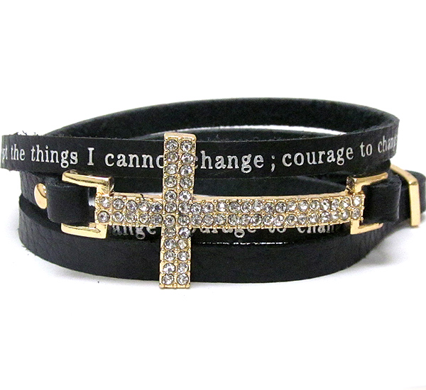 Crystal cross and leatherette message wrap bracelet - serenity prayer