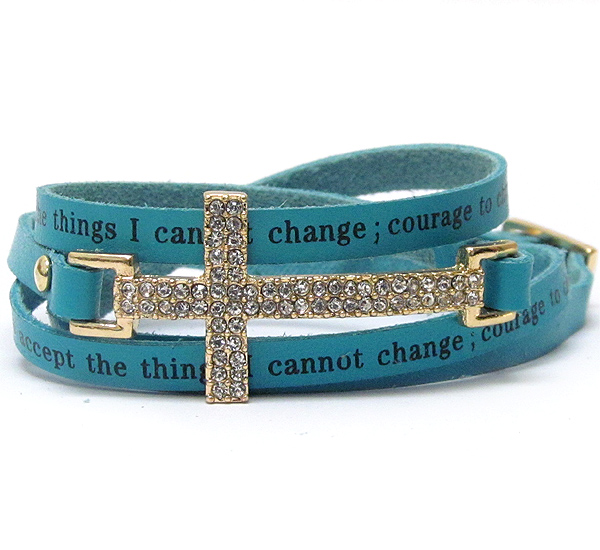 Crystal cross and leatherette message wrap bracelet - serenity pryer