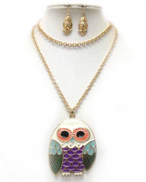 Epoxy deco owl pendant necklace earring set