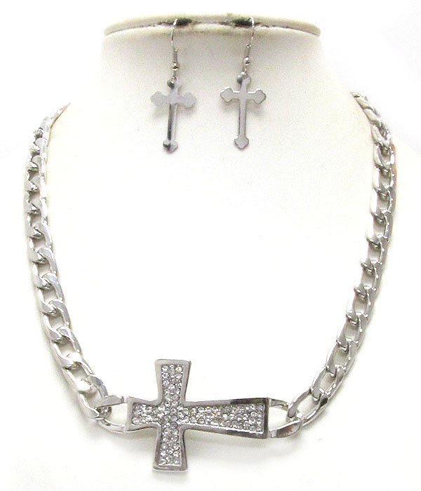 Side crystal cross pendant and thick chain necklace earring set