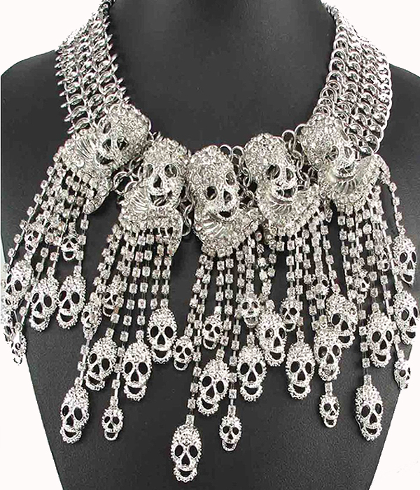 Chunky crystal skull and rhinestone line drop statement necklace