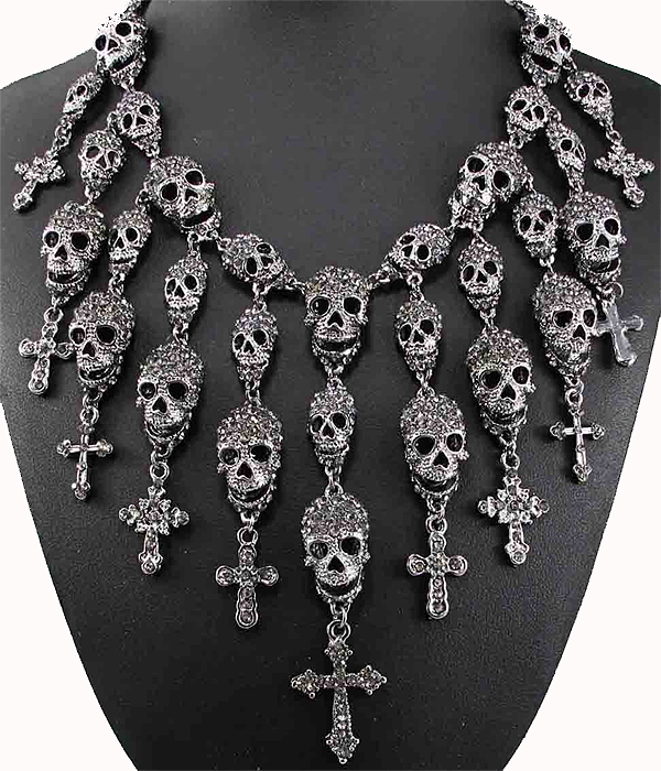 Chunky crystal skull and cross cascade drop statement necklace