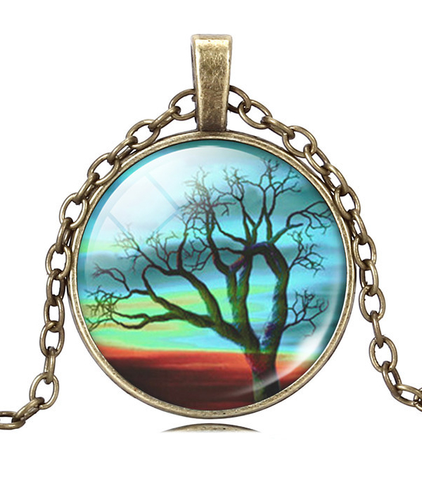 Antique bronze life of tree cabochon necklace