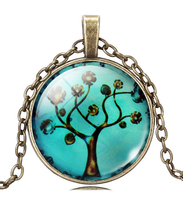 Antique bronze life of tree cabochon necklace