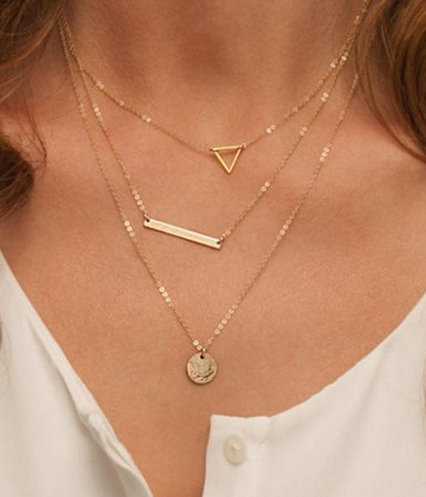 Etsy style three layer metal disk and bar necklace
