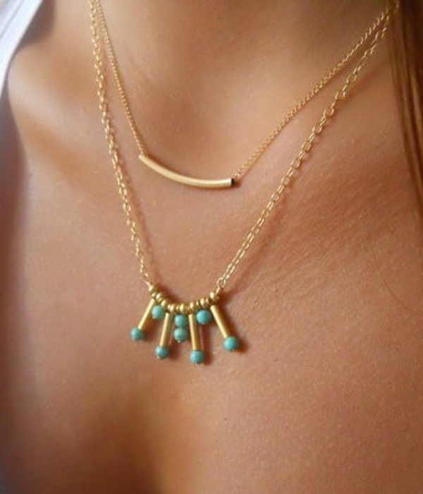 Etsy styel double layer metal tube and turquoise necklace