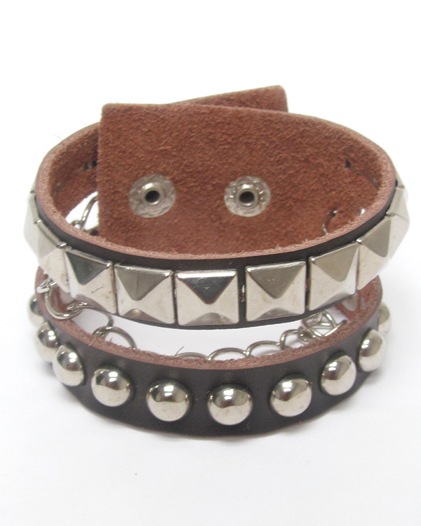 Metal stud leatherette and chain bracelet