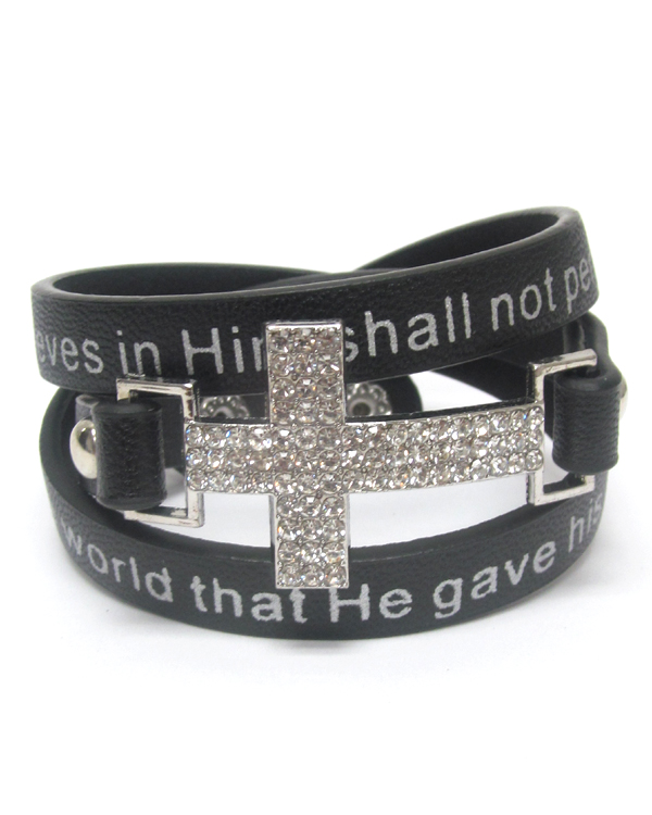 Religious theme crystal cross leatherette wrap bracelet