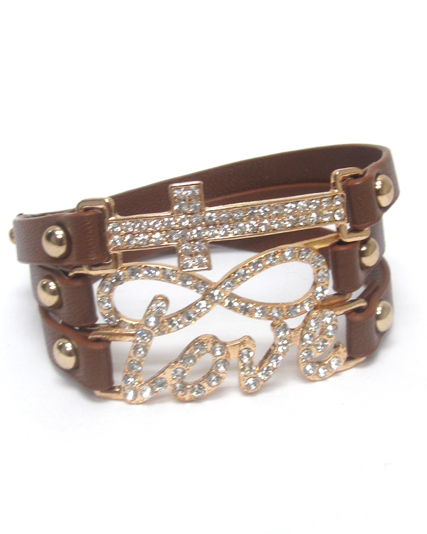 Crystal cross leatherette wrap bracelet