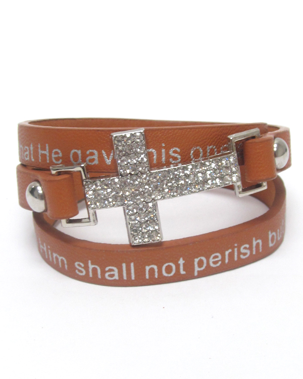 Religious theme crystal cross leatherette wrap bracelet