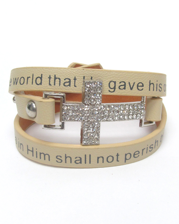 Religious theme crystal cross leatherette wrap bracelet