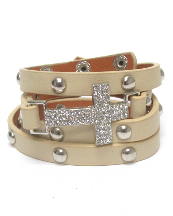Crystal cross leatherette wrap bracelet