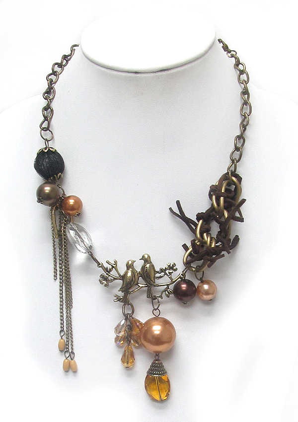 Antique style bird and pearl drop necklace